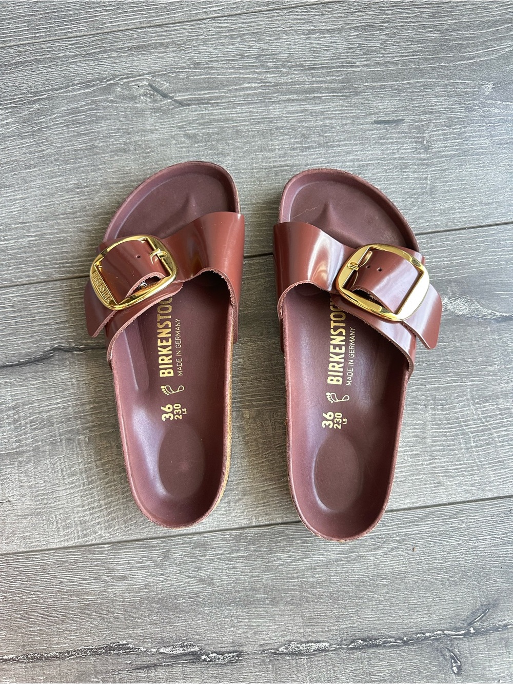 Birkenstock Madrid Slide Sandals in Mahogany with Gold Buckle